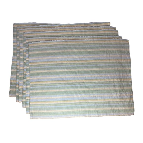 XOCHI Striped Lt Green Yellow White 14 x 17 Woven Cotton Placemats Summer Set 6 - Picture 1 of 6